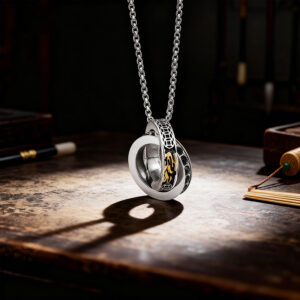 Double - Ring Pixiu Necklace with Gilded