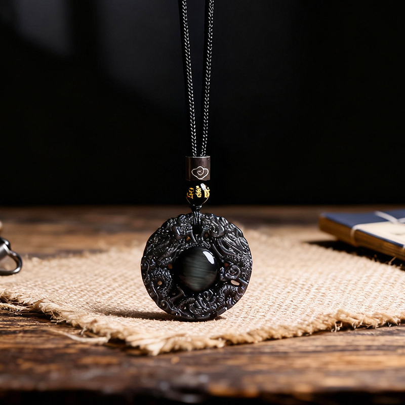 Natural Rainbow Eye Obsidian Double Dragons Protecting Master Pendant