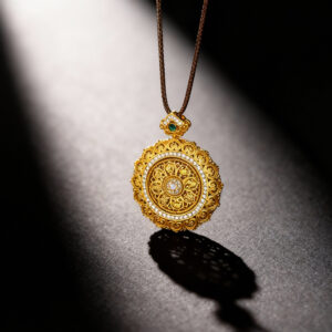 Sand Gold Diamond - Inlaid Filigree Ruyi Rotatable Eight Treasures Compass Pendant Necklace