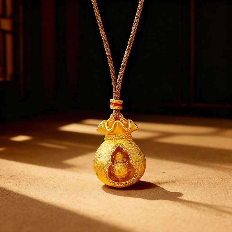 Rotatable Gourd Sand Gold Fortune Bag Pendant Necklace