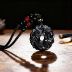 Obsidian Pixiu Peace Buckle Pendant Necklace, Natural Gold Obsidian