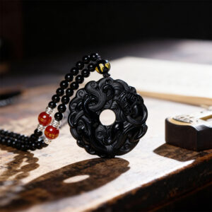 Obsidian Pixiu Peace Buckle Pendant Necklace, Natural Gold Obsidian - Black Silk-Xiangyun fortune bead necklace