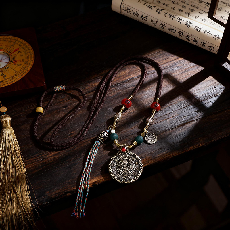Hand - Woven Adjustable Necklace with Nine - Palace Eight - Trigrams Pendant