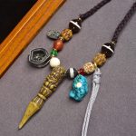 Mahakala Vajra Pestle Pendant with Agate and Yak Bone Braided Necklace