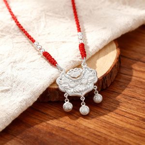 Baby Silver Longevity Lock Pendant with Koi Fish & Lotus Design - Koi Fish & Lotus Pendant