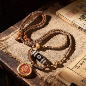 Tibetan - Style Dzi Bead Necklace Hand - Braided Cotton Thread Style