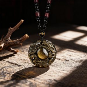 Golden Obsidian Double Dragon Pendant