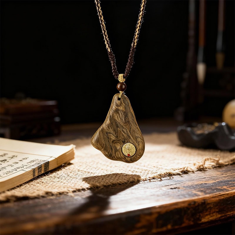 Vintage Wood Pendant Necklace for Wealth and Blessings