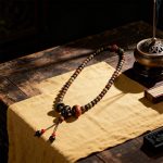 Double-Wrap Sandalwood & Cinnabar Bracelet with Fretwork Fortune Beads
