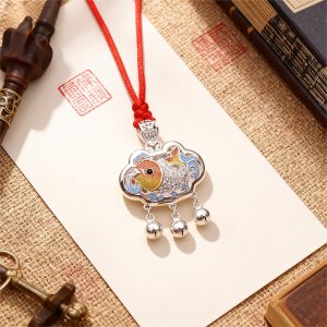 Baby Silver Longevity Lock Pendant with Koi Fish Design - Dragon Gate Leaping Fish Pendant