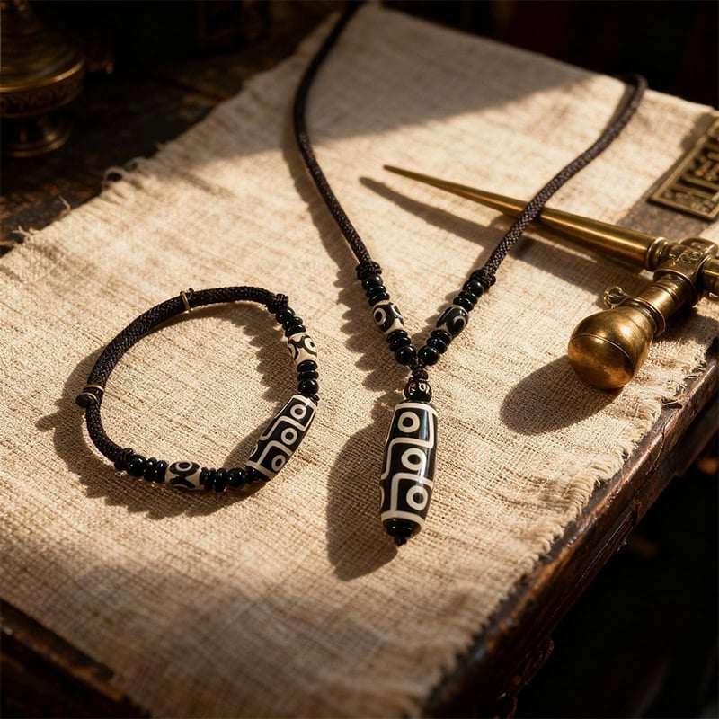 Agate Dzi Bead Bracelet & Pendant Set