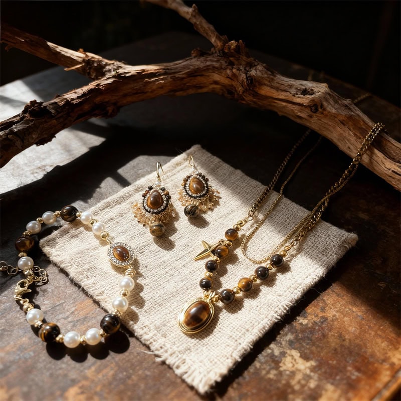 Five Elements Earth Series Tiger's Eye & Pearl Set
