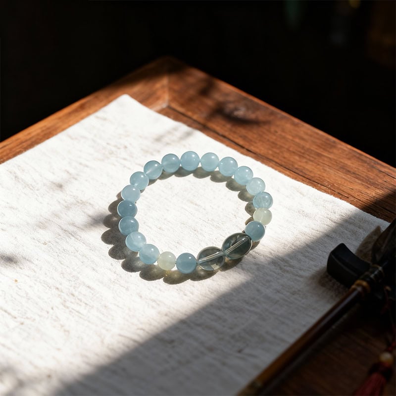 Aquamarine, Green Auralite & Prehnite Bracelet for Stress Relief