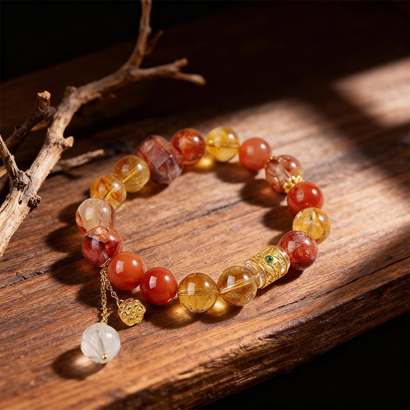 Natural Red Fireworks Quartz Multi-Treasure Crystal Bracelet with White Crystal & South Red Agate