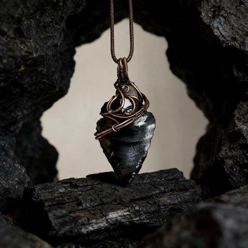 Obsidian Arrowhead & Lepidolite Handmade Wire-Wrapped Pendant