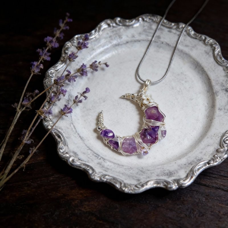 Natural Amethyst Moon Handmade Wire-Wrapped Pendant