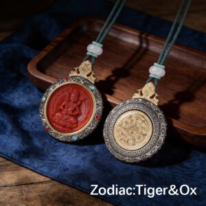 Tibetan Silver & Cinnabar Zodiac Guardian Pendant - Tiger Zodiac