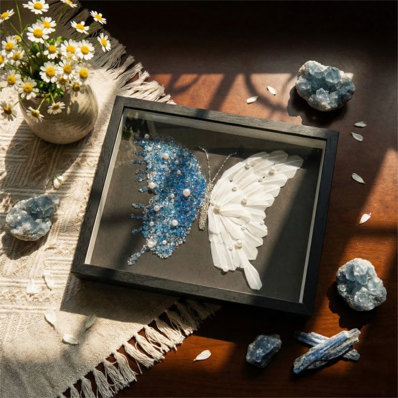 Blue White Feather Pearl Crystal Butterfly DIY Craft Kit