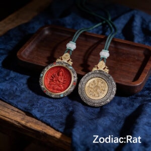 Tibetan Silver & Cinnabar Zodiac Guardian Pendant - Rat Zodiac