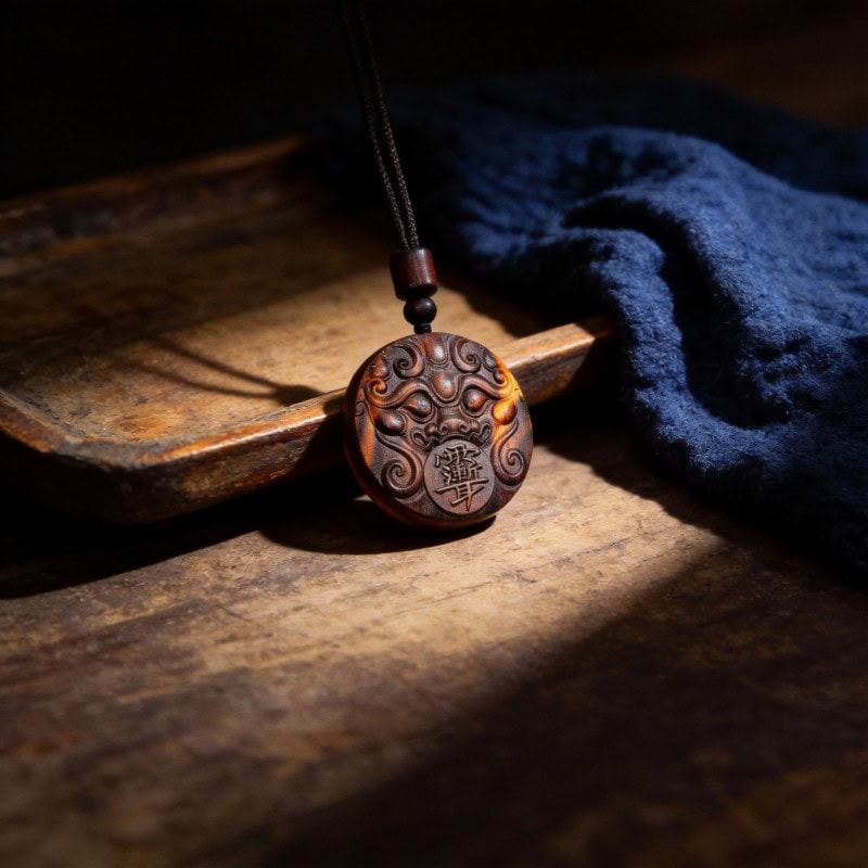 Thunderstruck Peach Wood Pixiu Bagua Lucky Pendant