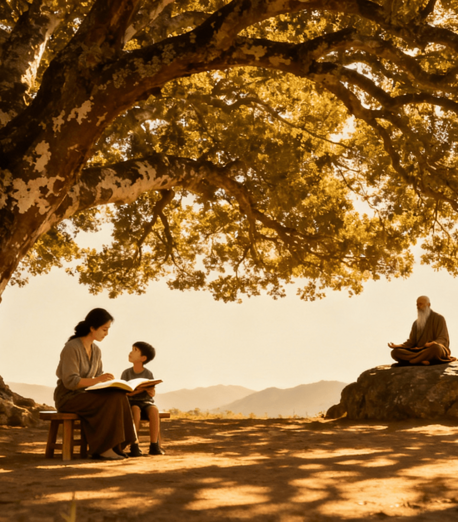 jimeng-2025-11-22-3694-一张广角自然摄影，一棵巨大的古树（象征印星）覆盖画面。树下左侧，一位母亲（正印）...