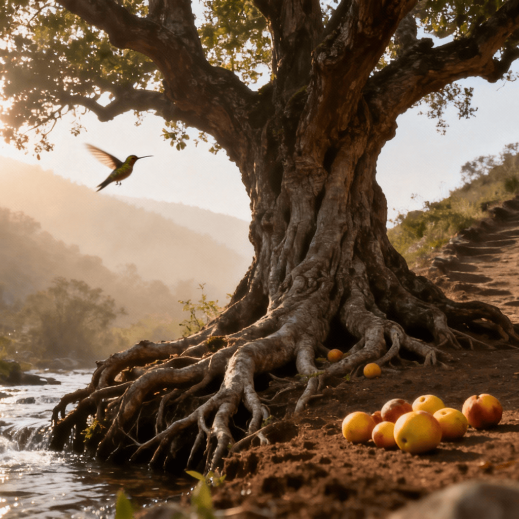 jimeng-2025-11-22-8956-一棵苍劲的古树（日主）立于画面中央，其根系与旁枝相连（比劫）。左侧有溪流滋养树根...