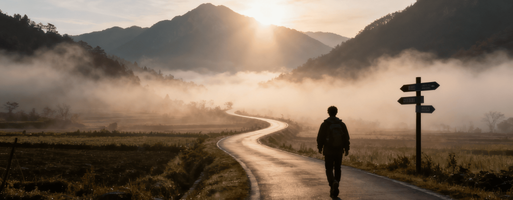 jimeng-2025-11-24-4497-一张充满希望的低角度摄影。一条蜿蜒的路（命运的导航图）穿过晨雾中的山水田园，通向...